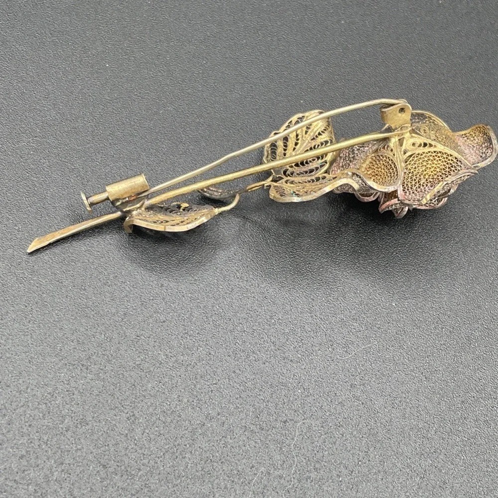 Antique Vintage Sterling Silver Floral Filigree Enamel Brooch Trombone Clasp 40s